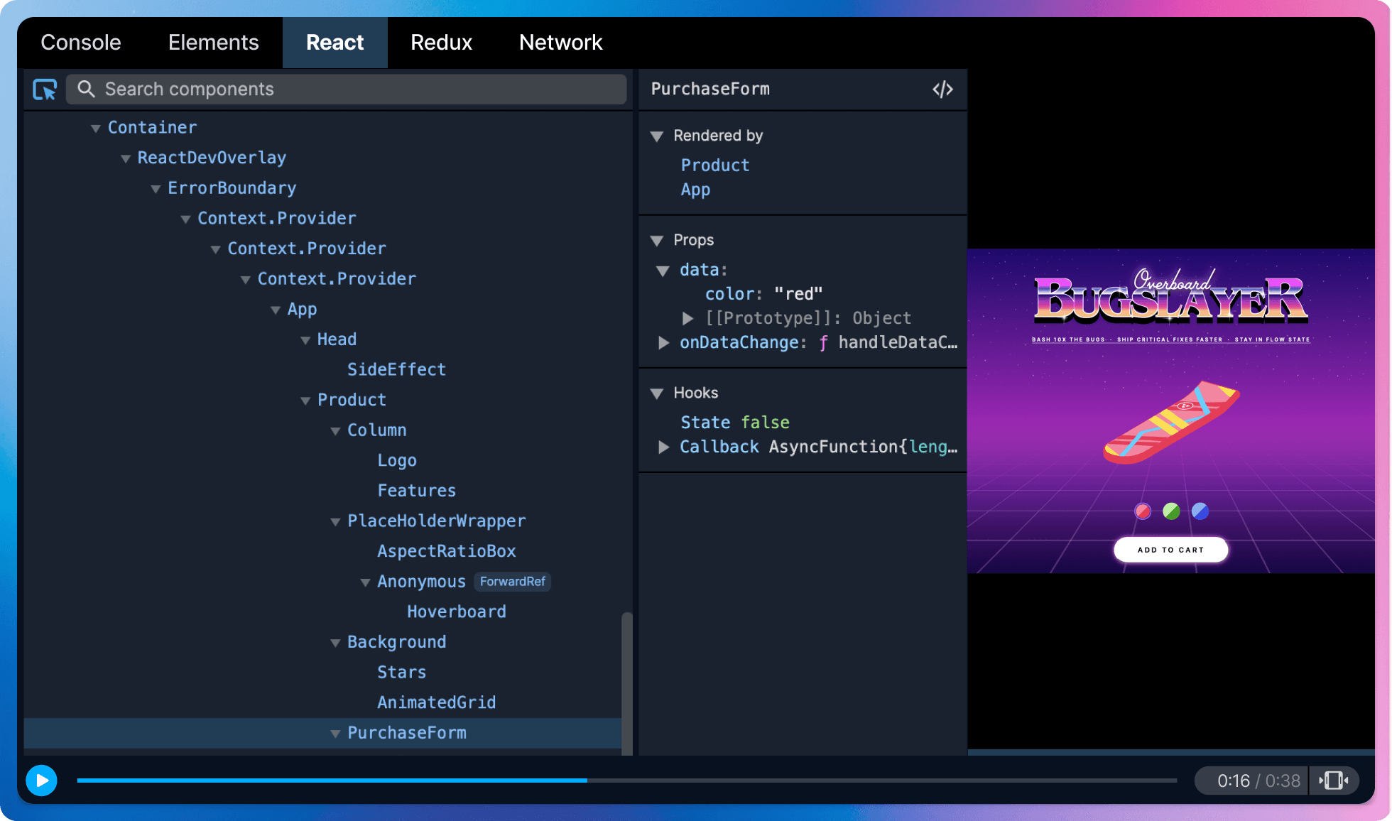 Inspect React components screenshot